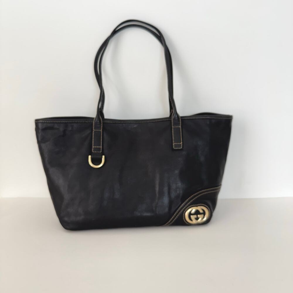 Gucci Vintage Leather Britt Tote Bag Shoulder Purse Black and Red/Green Stripe - Picture 3 of 16